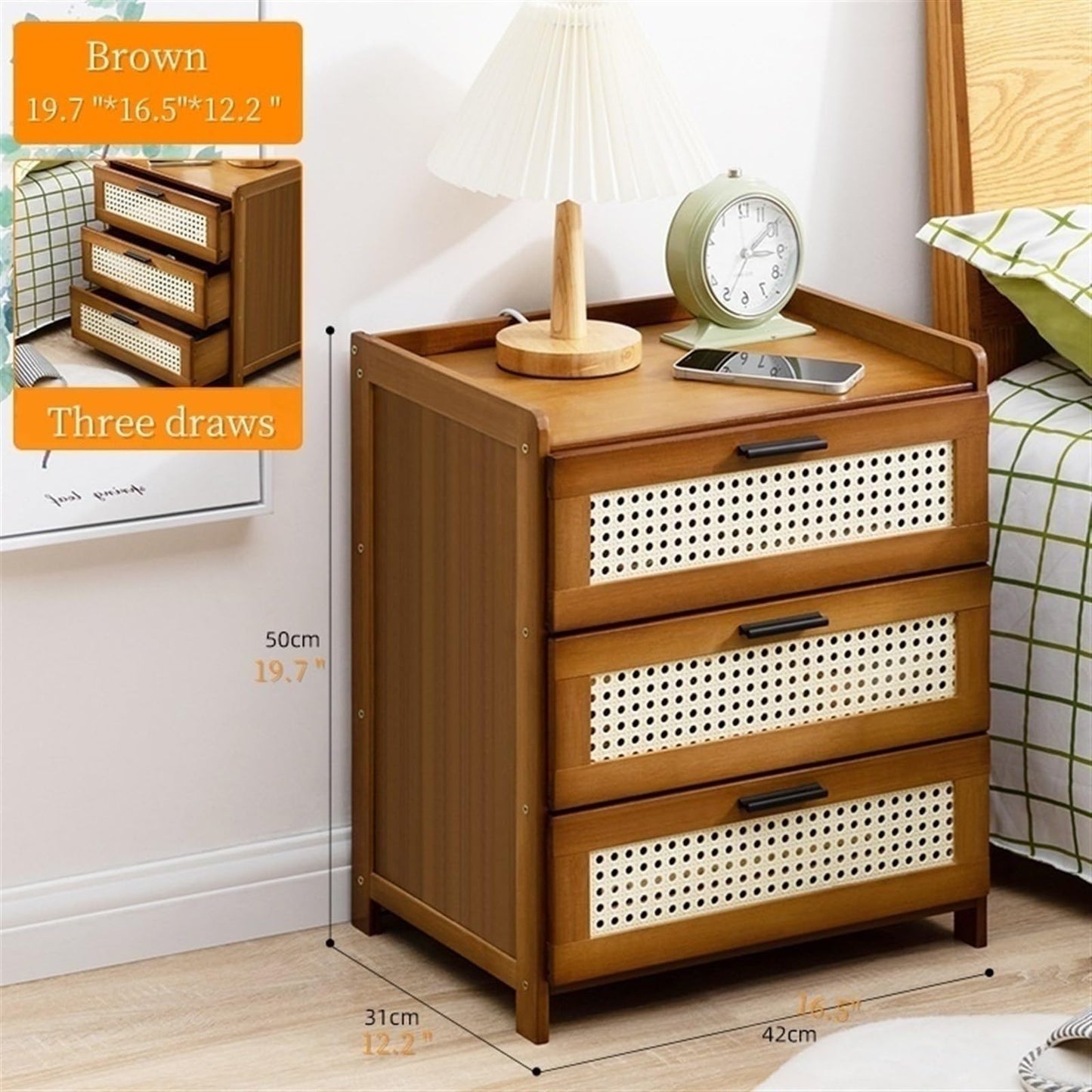Boho Nightstand, End Table for Bedroom,Rattan Nightstand End Table,3Drawers Storage Ideal for Living Room and Small Space (Brown), for Home(Black)