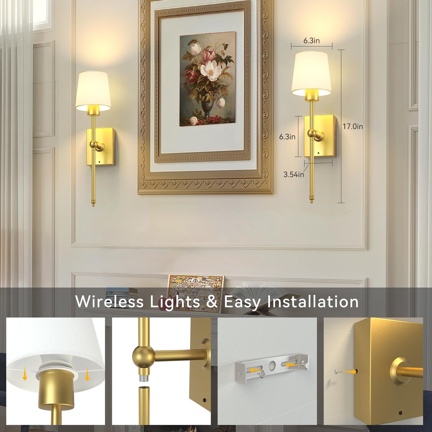 Battery-Operated Wall Sconces Set of 2: 6000mAh Rechargeable Wall Lights with Remote Control, Wireless Battery Powered Wall Lamp Wall Scone for Living Room Bedroom Hallway Bathroom (Gold)