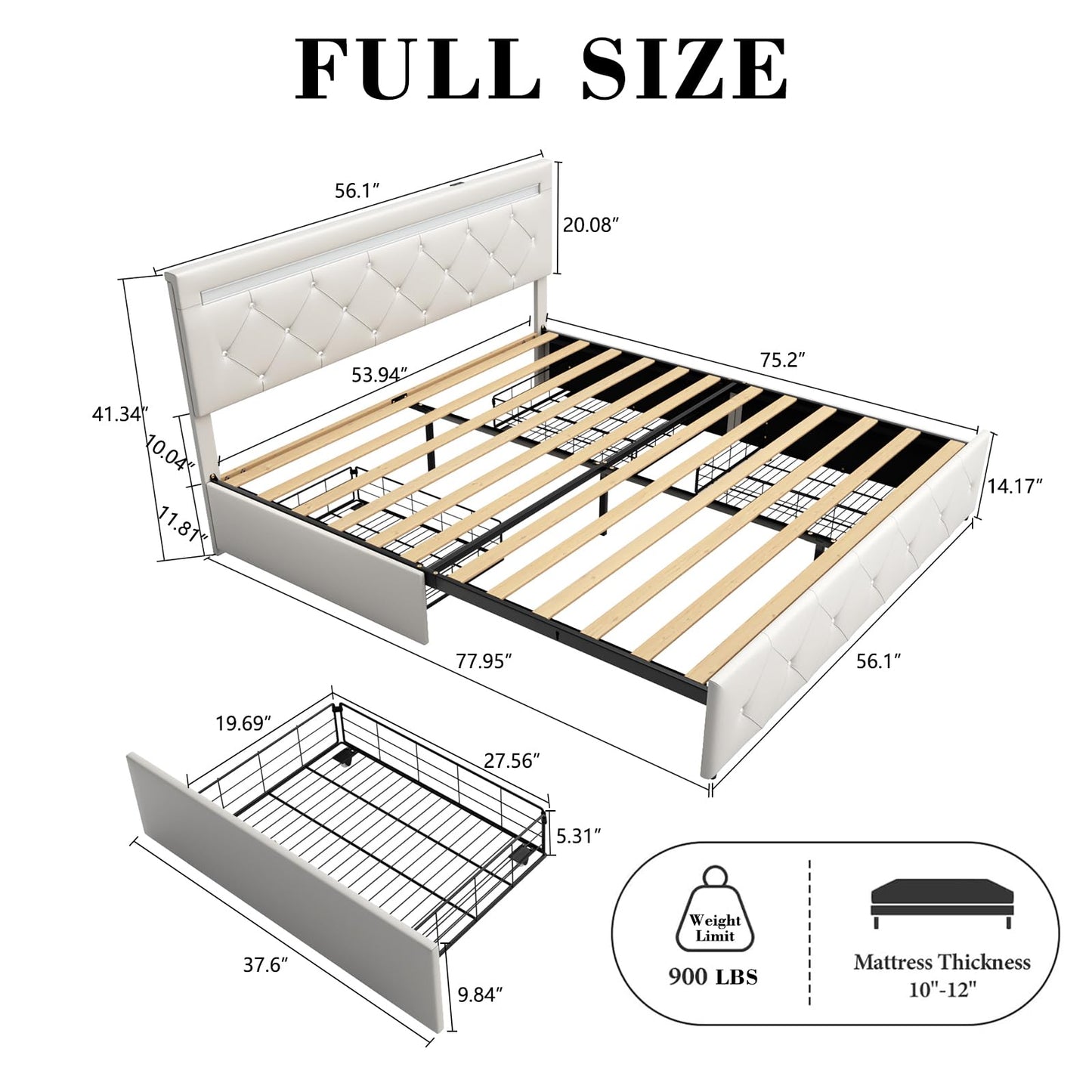 Forrise Bed Frame Full Size with LED Light and Storage Drawers, Adjustable Headboard with PU Leather Upholstered, 2 Sockets and 2 USB Ports, No Box Spring Needed,Wooden Slats Support, White.