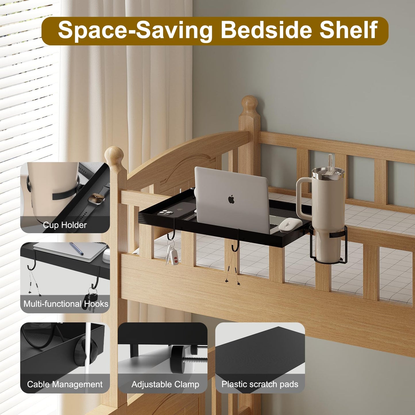 Moginno Bedside Shelf for Bunk Bed & Top Bunk, College Dorm Room Essentials, Bed Side Table Tray Organizer with Hook, Cord Clip and Cup Holder, Clip on Nightstand for Loft Bed Accessories, Black