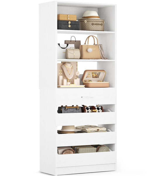 Aheaplus 21.3" Closet System with 4 Drawers, Wood Closet Organizer with Open Shelves, Modular Drawers System Tower, Walk-in Closets Small Wardrobe Rack, Tall Storage Cabinet Unit, White