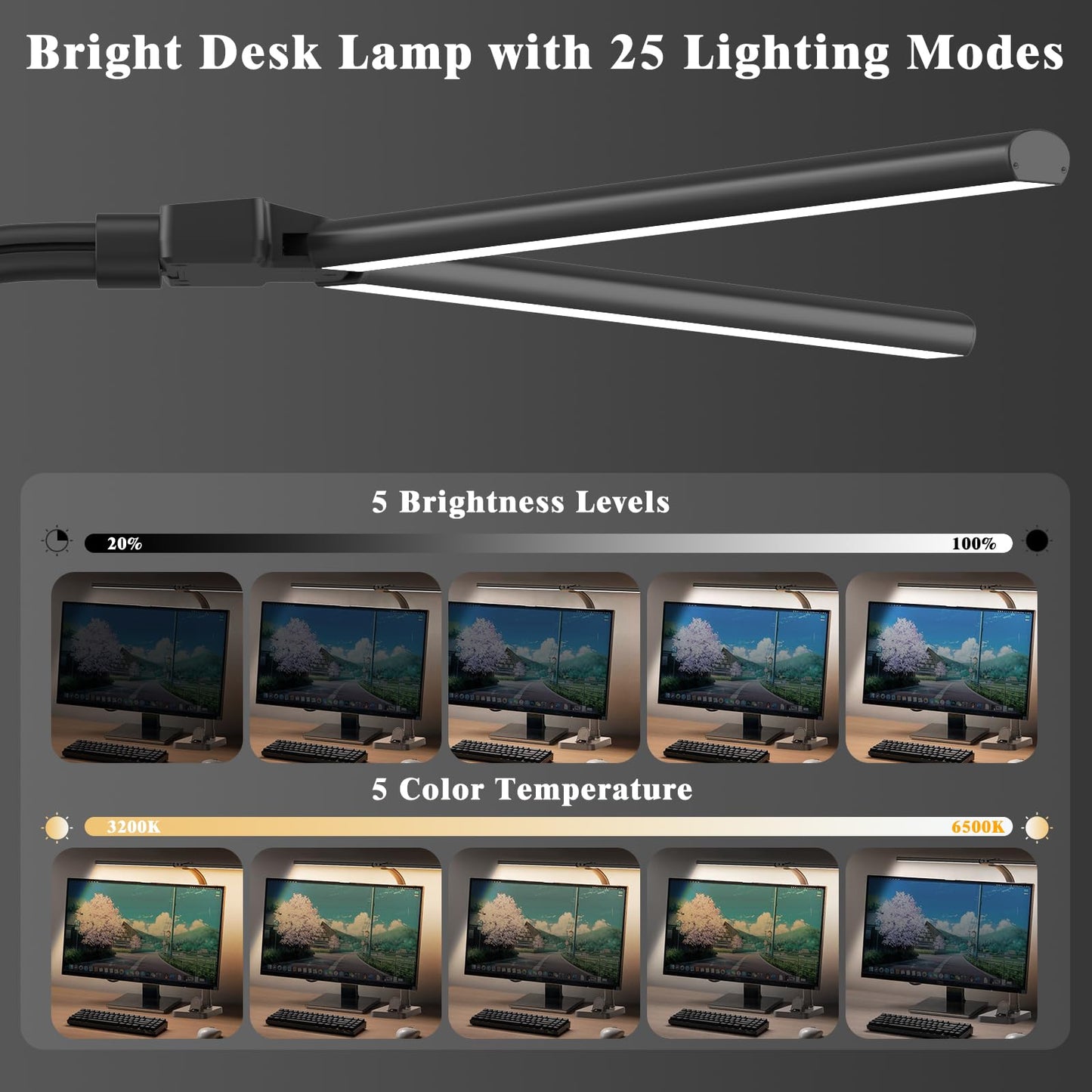 GAEFURY LED Desk Lamp for Home Office, 24W Bright Desk Lamp with Phone Holder Base - 25 Lighting Modes Eye-Caring Desk Light Adjustable Gooseneck Lamp for Workbench Drafting Reading Study