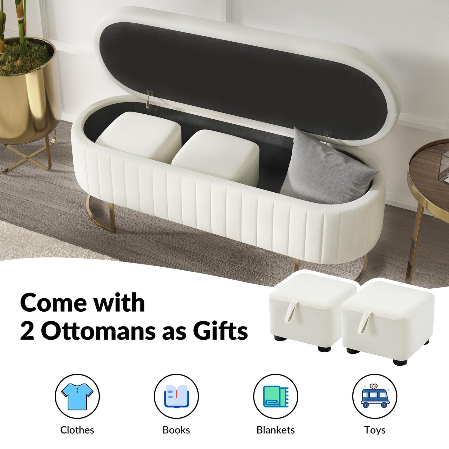 EcoHarbor Living 50" Storage Ottoman Bench with 2 Additional Ottomans, End of Bed Bench Bedroom Bench, Upholstered Velvet Long Window Bench with Gold Legs, Flipping Lid Entryway Footrest