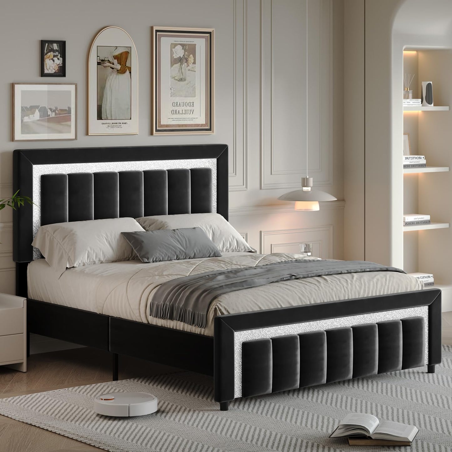HOMBCK Full Size Bed Frame with Headboard, Velvet Upholstered Bed with Diamond Design, Full Bed with Wooden Slats Support, Mattress Foundation, No Box Spring Needed, Easy Assembly, Black