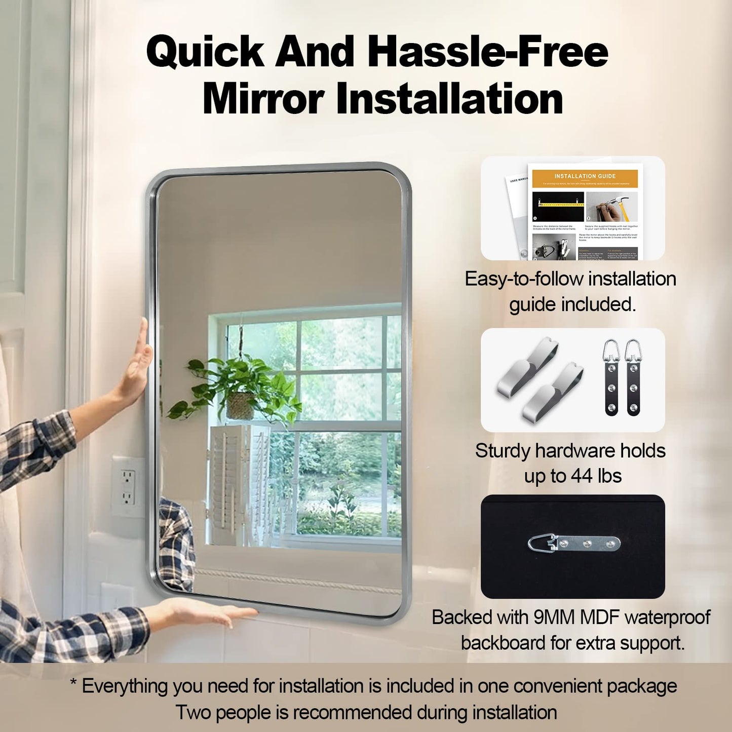 ANDY STAR Mirrors for Wall, 20x28’’ Brushed Nickel Bathroom Mirror, Rounded Rectangle Mirrors for Vanity, Anti-Rust SUS304, Tube Metal Frame, 1’’ Deep Wall Mounted Vertically/Horizontal