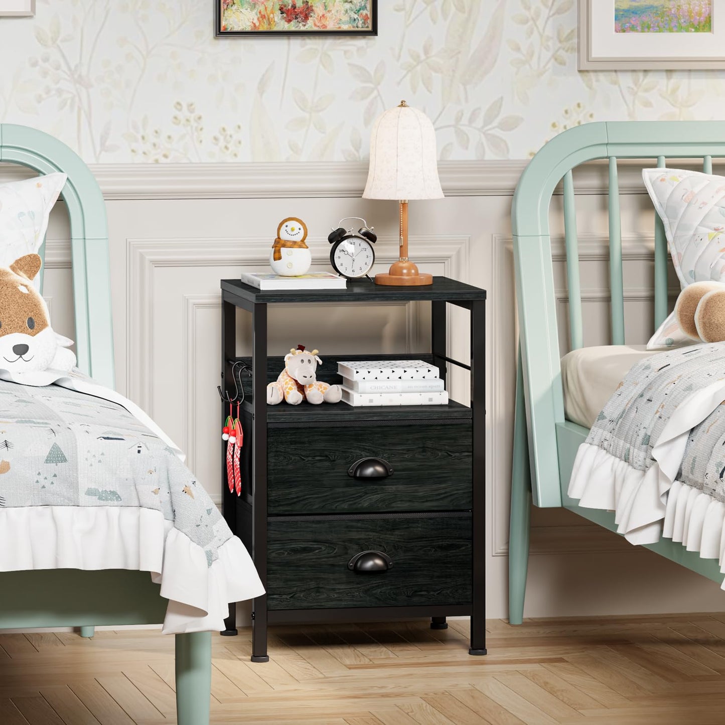 Furologee Nightstands Set 2, End Tables with 2 Fabric Drawers, Bedside Tables with Hooks and Shelf, Side Tables for Bedroom/Living Room/Study/Black Oak