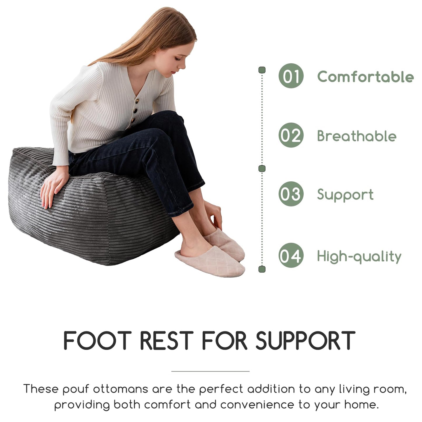 HIGOGOGO Square Stuffed Pouf Ottoman, Corduroy Poufs with Foam Chunk Filling, Furry and Fluffy Pouf Foot Stool Storage Ottoman, 21 X 21 Floor Poufs Foot Rest for Living Room, Dark Grey