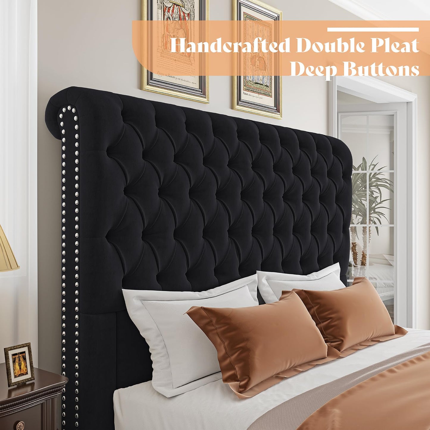AMERLIFE King Size Bed Frame with 60" Tall Wingback Headboard, Velvet Upholstered Platform, Button Tufted Sleigh Design, No Box Spring Needed,Black