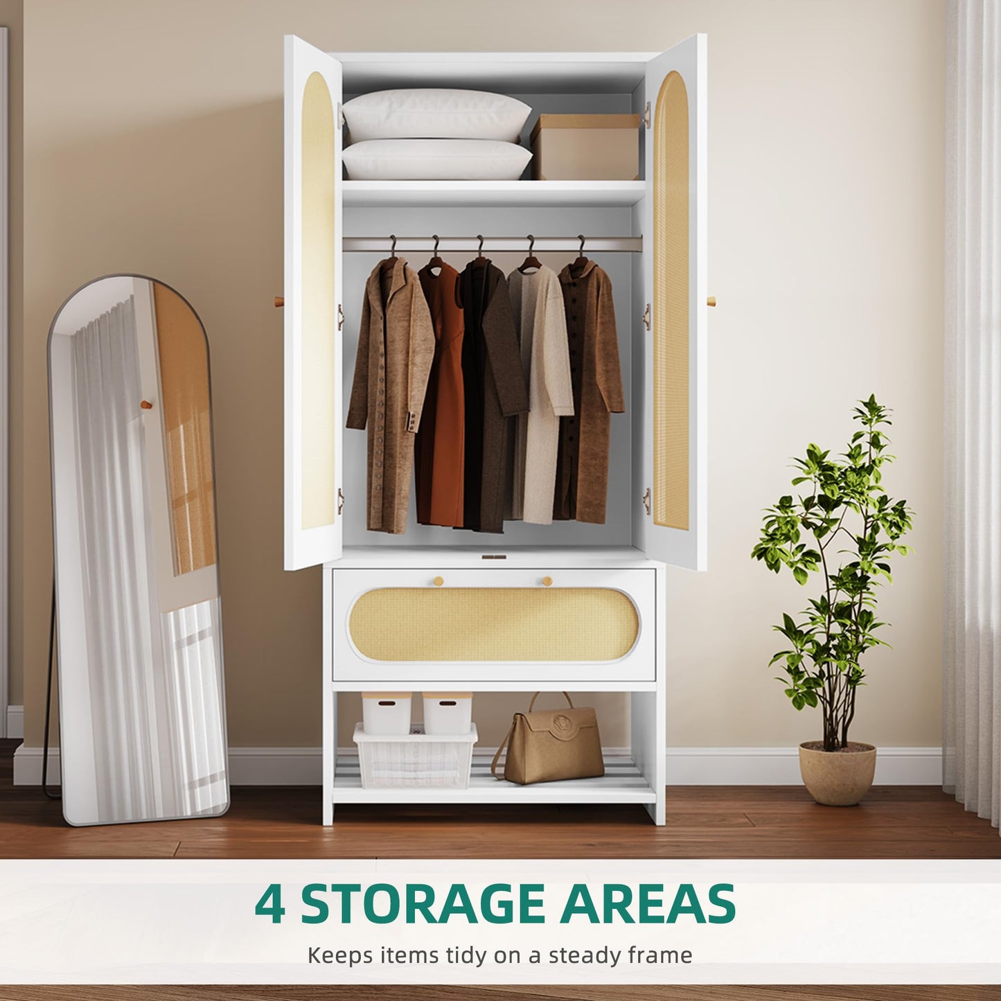 YITAHOME Rattan Wardrobe Closet Set of 2 70" Tall Rattan Armoire with Doors, Large Storage Cabinet with Drawers & Hanging Rod-White