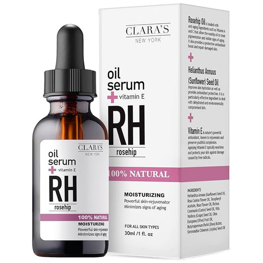CLARA'S NEW YORK Glycolic Acid Facial Serum with Vitamin E for Exfoliating Smoothing Glowing Face Skin - Made in USA 30ml (1Fl/Oz) (Rose Hip)