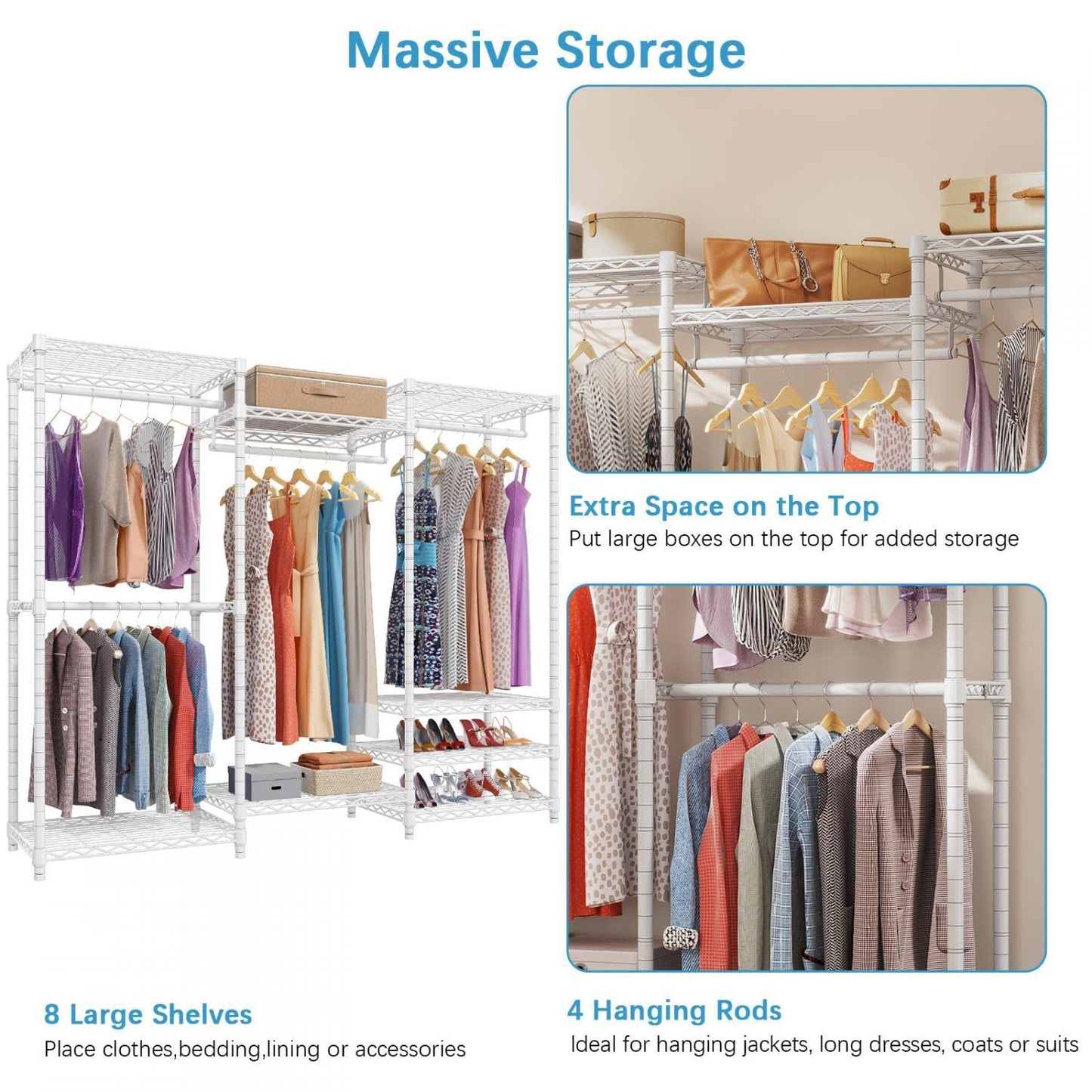 VIPEK V5 Portable Closet Wardrobe Heavy Duty Clothes Rack, Freestanding Clothing Racks with 4 Hang Rods & 8 Shelves, Adjustable Custom Closet Racks, 68.9" L x 15.7" W x 76.4" H, Max Load 800LBS, White