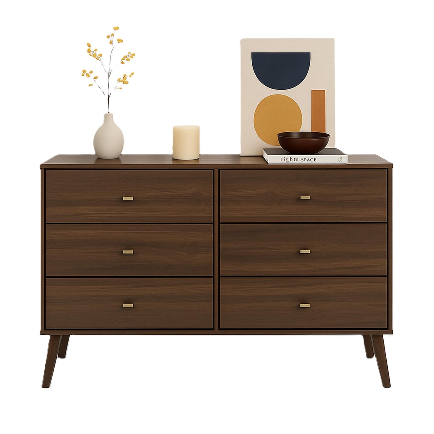 Prepac Milo Mid-Century Modern 6 Drawer Double Dresser for Bedroom, Wide Chest of Drawers, Contemporary Bedroom Furniture, 16.75" D x 52.50" W x 33" H, Cherry