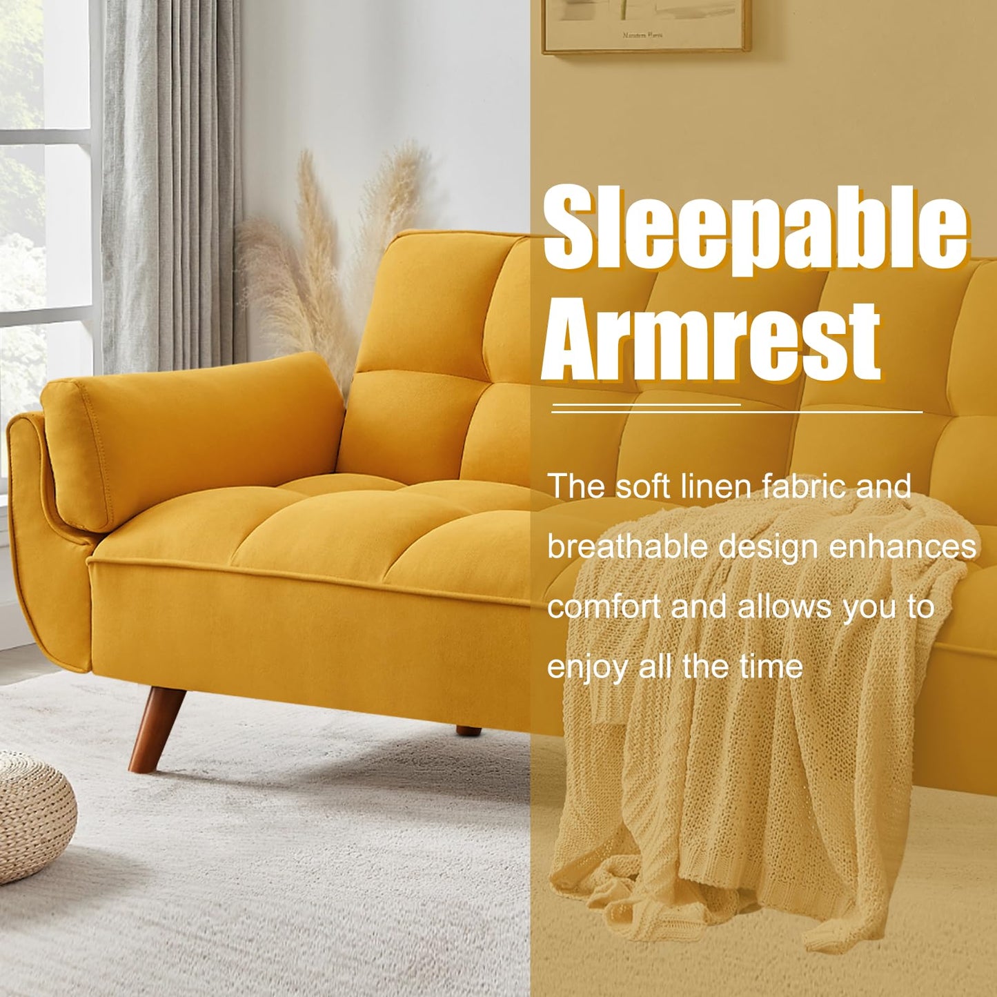 liuyouhom Convertible Futon Sofa Bed, Sleeper Couch Bed with Adjustable Backrests, Linen 3 Seater Small Couches for Small Spaces, Living Room, Bedroom(Yellow, 75")