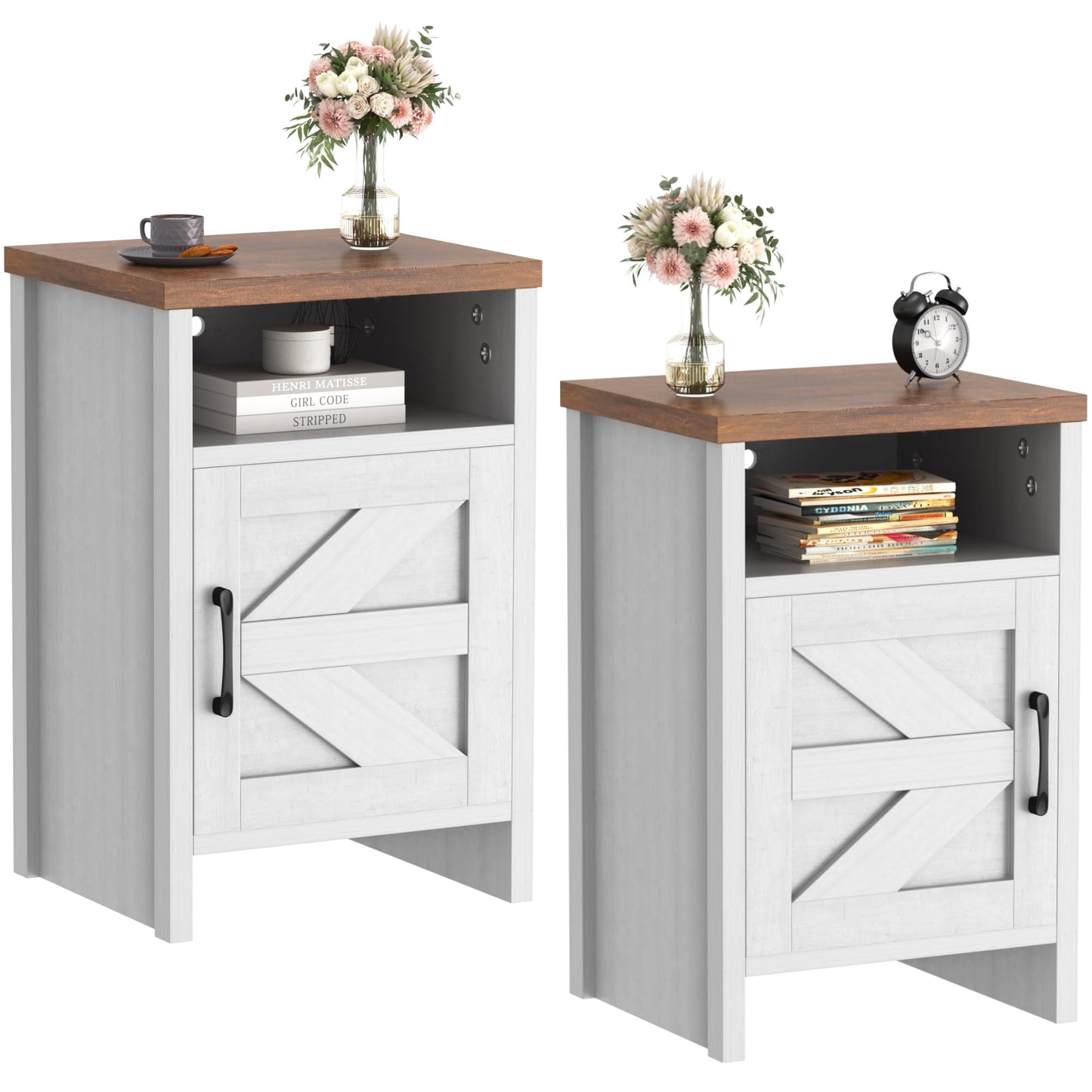 JUMMICO Farmhouse Nightstand, Modern Bedside Table with Barn Door and Shelf, Rustic End Table Side Table for Bedroom, Living Room (2, White)