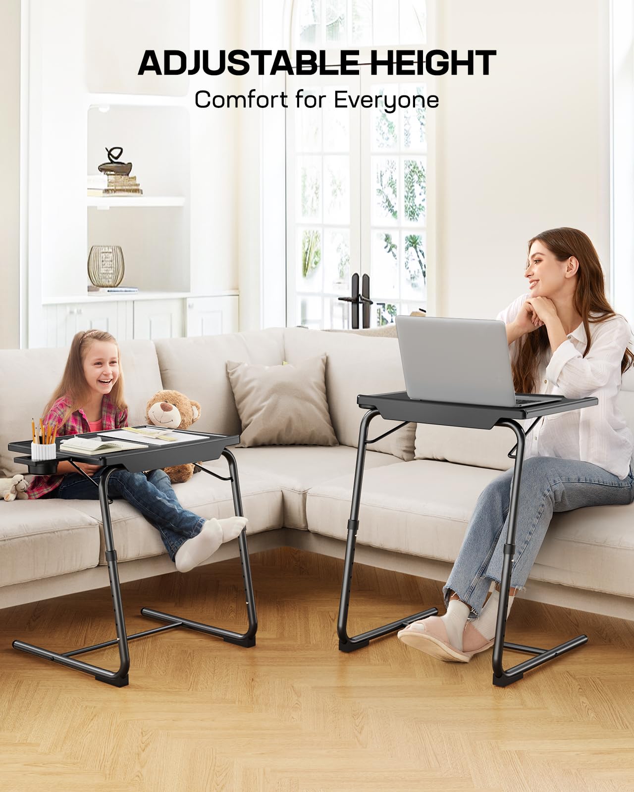 LORYERGO Multifunctional TV Tray Table - [2 Packs] Adjustable TV Dinner Tray Tables with 6 Height & 3 Tilt Angle, Folding TV Trays with Cup Holder for Bed & Sofa, for Eating & Reading