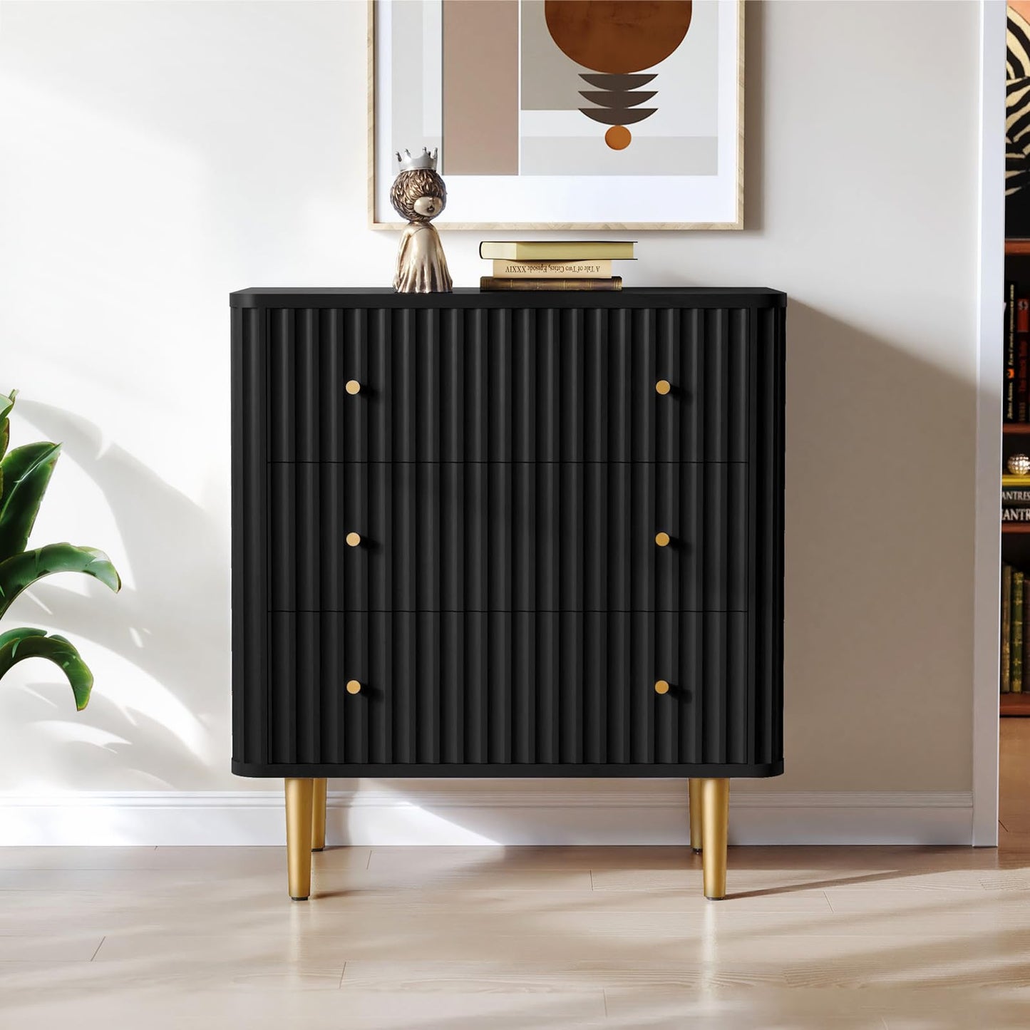 HLR Black Modern 3 Drawer Dresser for Bedroom - Wood Storage Cabinet with Fluted Texture, Spacious Chest of Drawers Organizer for Living Room,Closet,Hallway