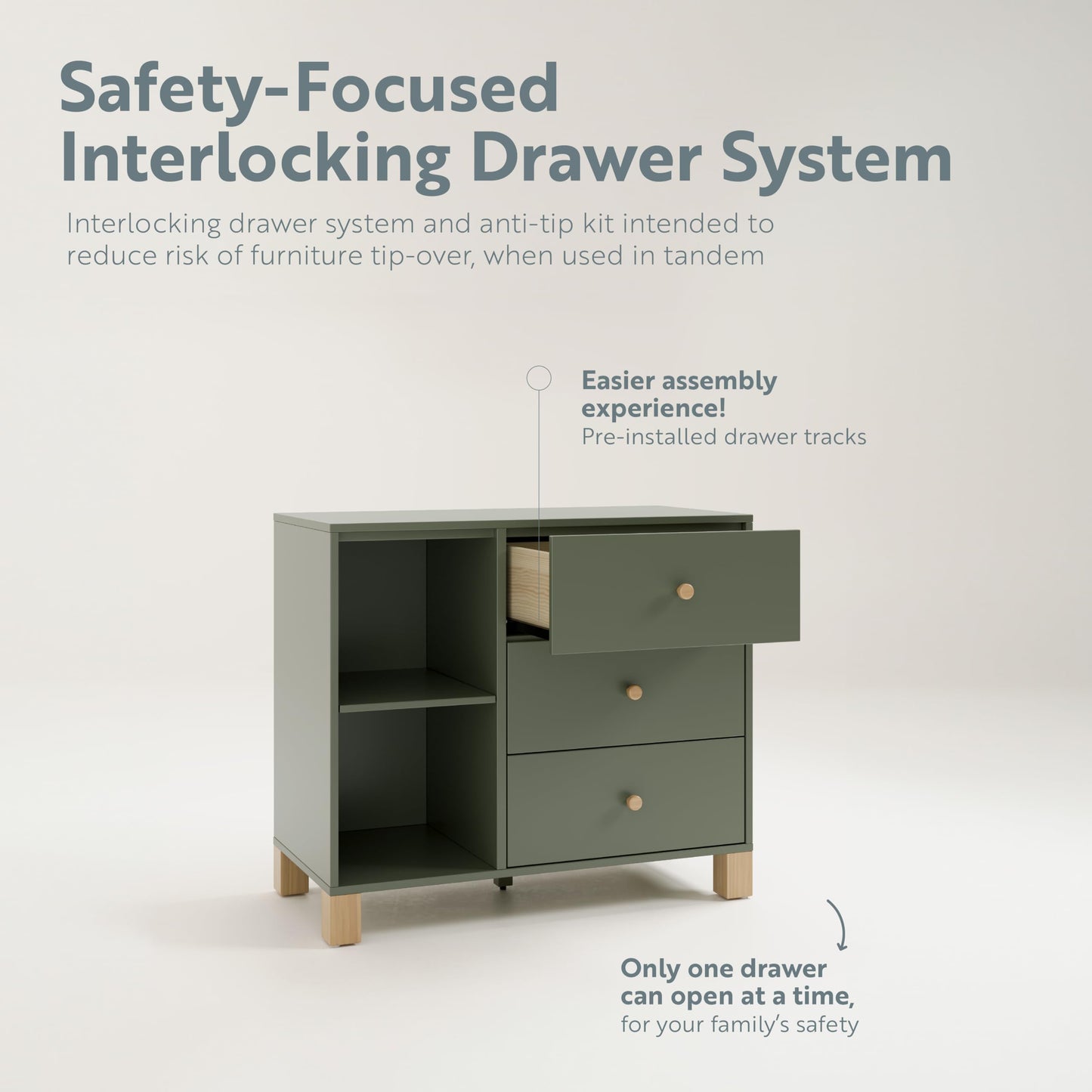 Storkcraft California 3 Drawer Combo Dresser (Olive with Driftwood) – GREENGUARD Gold Certified, Interlocking Drawer System, Pre-Installed Drawer Tracks for Easier Assembly, Spacious Cabinet