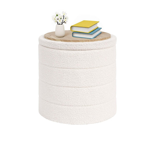 CAIPINFUL Round Ottoman with Storage, Boucle Ottoman Coffee Table, Foot Rest Footstool for Hallway, Living Room, Bedroom-White