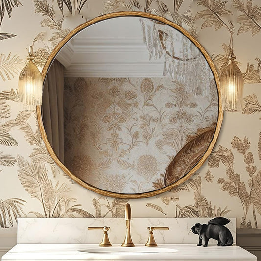 ANDY STAR 24 Inch Hand-Forged Round Gold Mirrors, Solid Steel Frame Brass Bathroom Round Wall Mirror for Over Sink, Large Vanity Circle Mirror with Metal Frame for Antique, Vintage, Farmhouse, Rustic