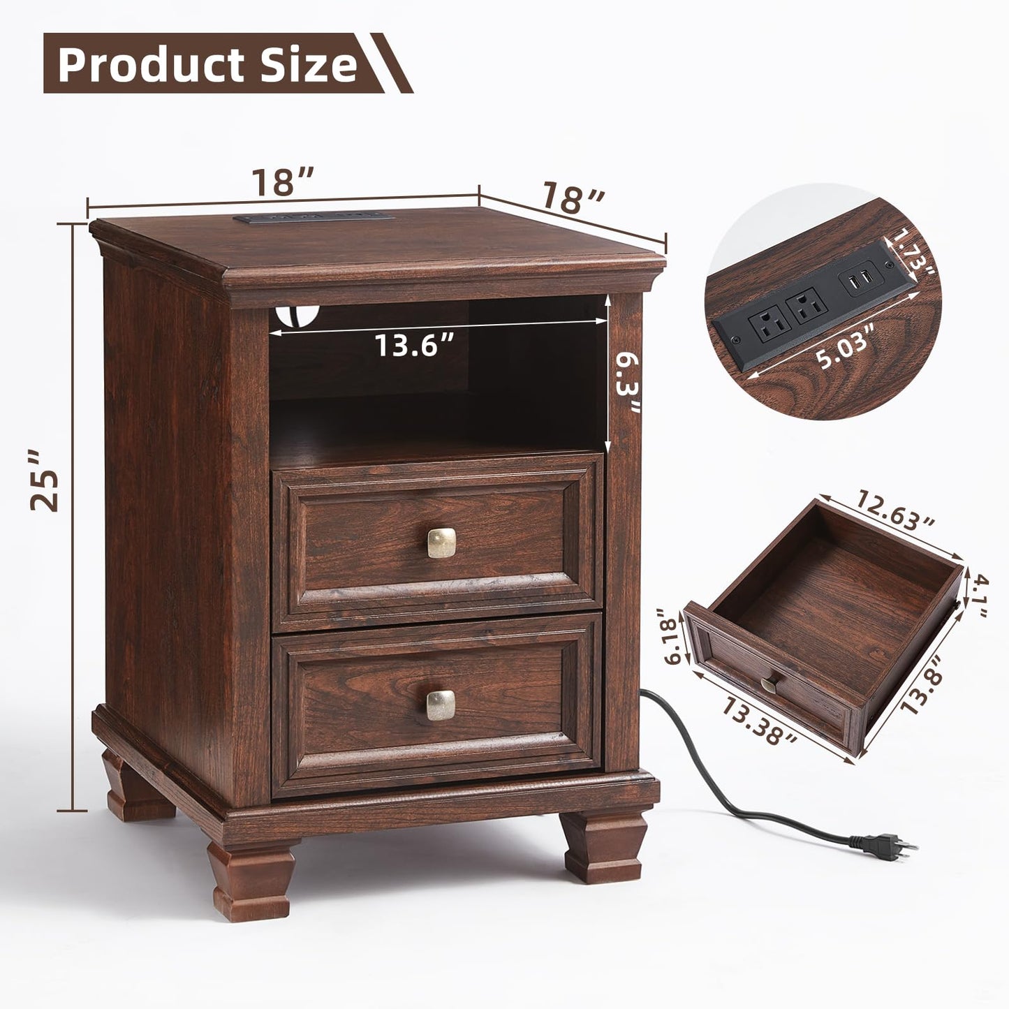 SAVOR LIFE Farmhouse Nightstand Set of 2 with Charging Station, Rustic Brown Nightstand,2 Drawers End Table for Living Room,Bedside Table with Open Shelf for Bed Room,Walnut