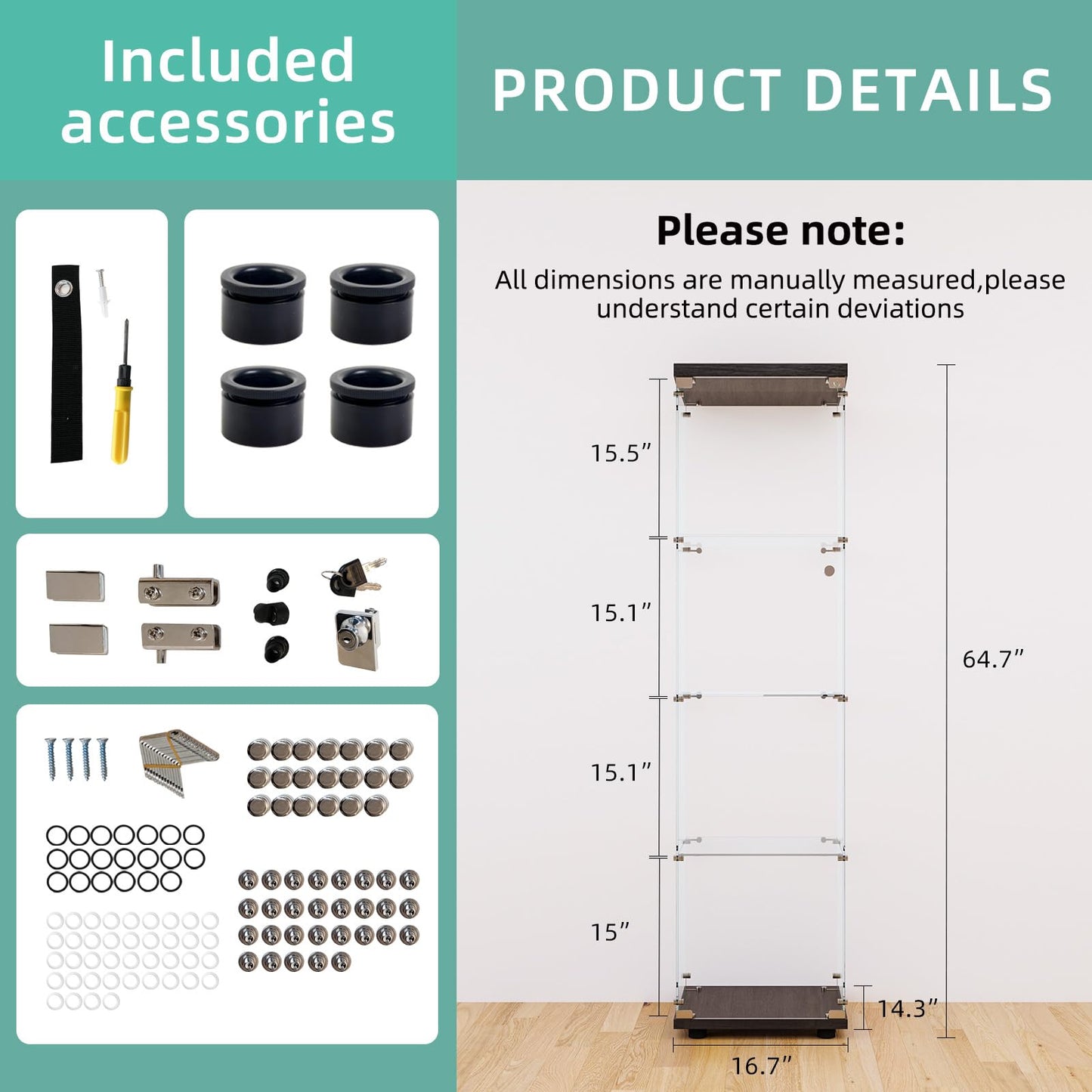 FLYMUHJIA Curio Cabinet Glass Display Case for Collectibles with Door, 4 Display Shelves Showcase, 64.2”Hx16.9''Lx 14.6''W Black