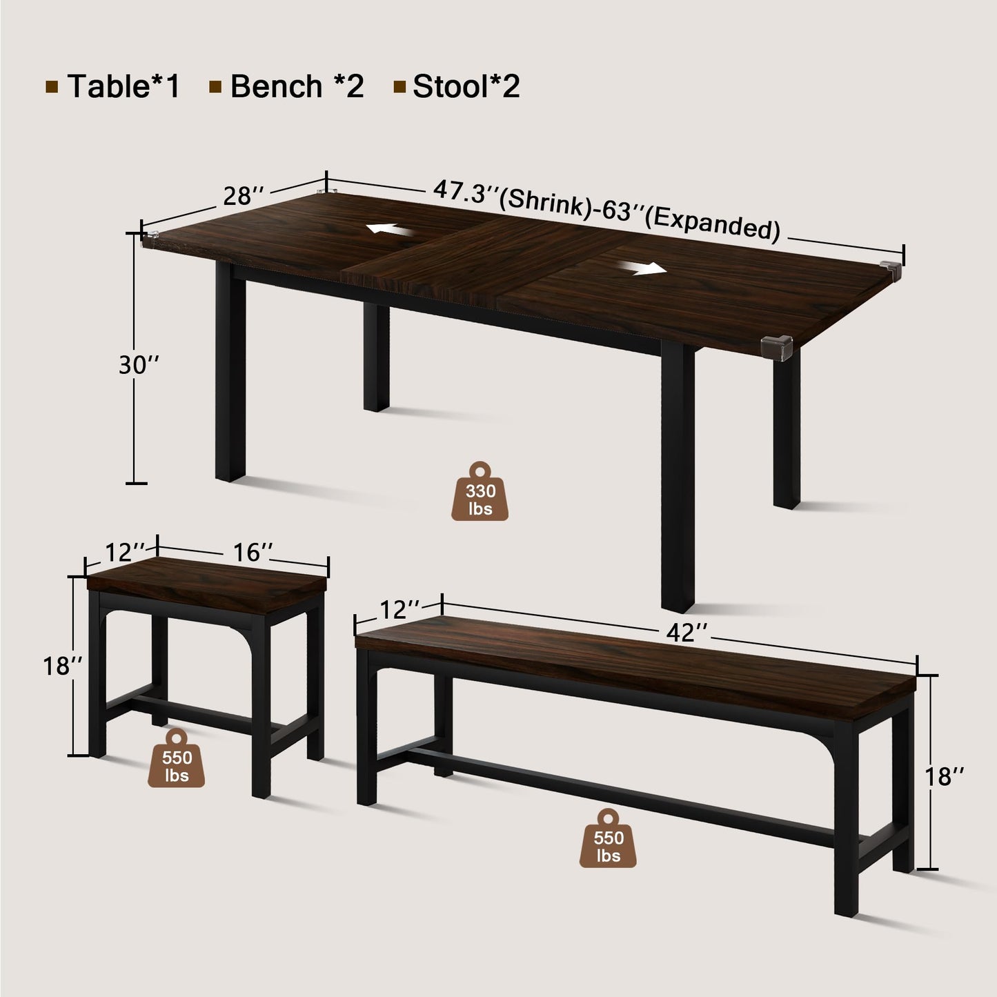 Einhomn 5 Pieces Dining Room Table Set for 4-6, 63' Extendable Kitchen Table Set with 2 Benches & 2 Stools, Small Dining Table Set with Metal Frame & MDF Board, Espresso