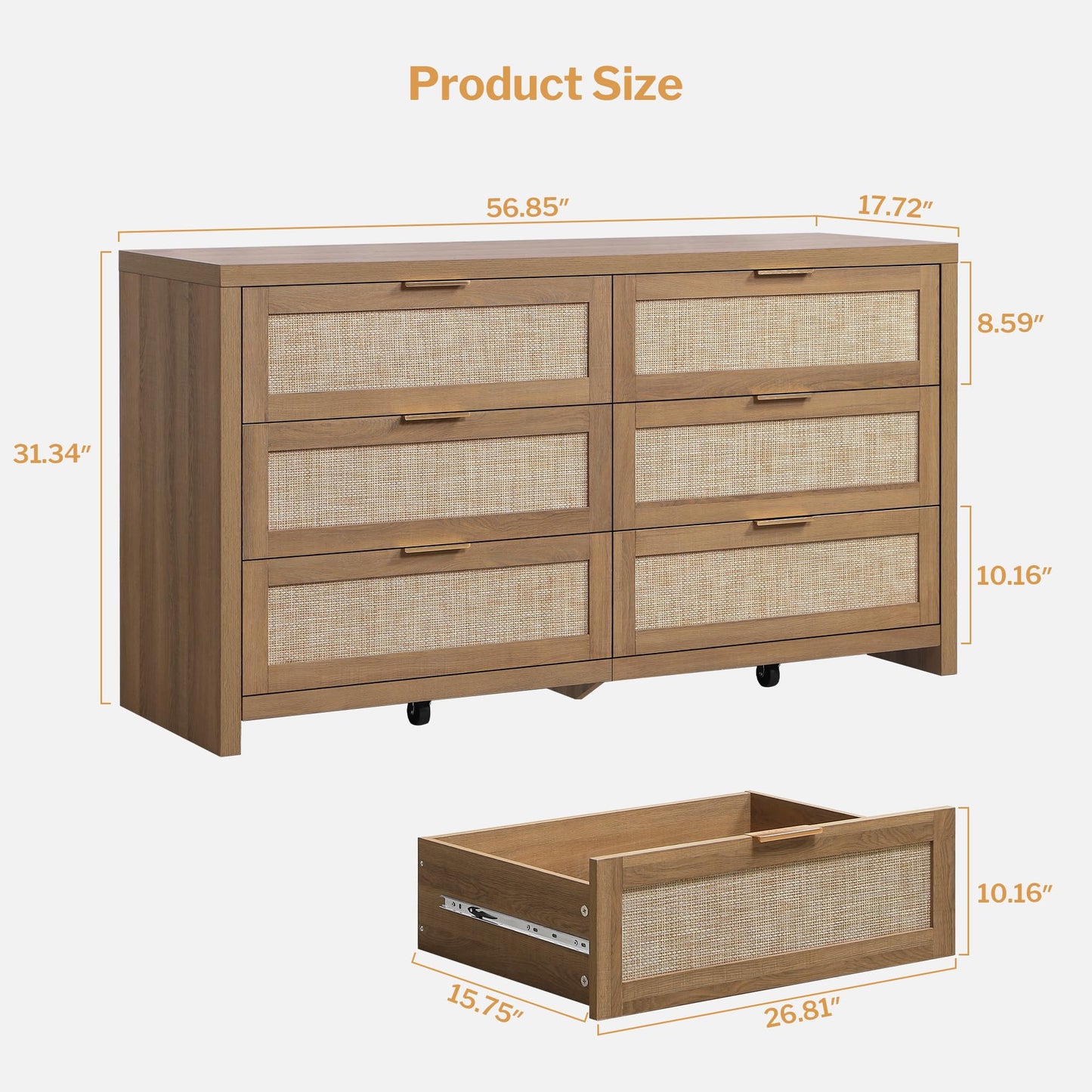 SICOTAS Rattan Dresser for Bedroom, 56.9" Wide 6 Drawer Dresser with Ample Storage, Dressers Large Chest of Drawers, Closet, Boho TV Stand for Bedroom (Reclaimed Caramel Oak, 1 Piece)
