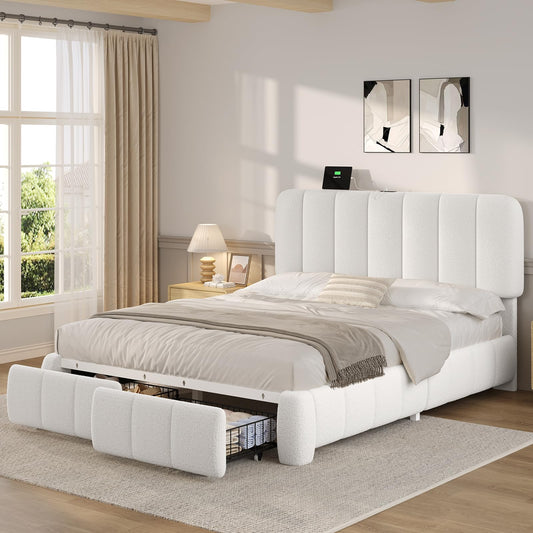 BTHFST Queen Blouce Bed Frame with Storage Drawers and Headboard, Cloud Upholstered Platform Bed Frame, Adjustable Headboard, Soft Rounded Corners, No Box Spring Needed, Easy Assembly, White