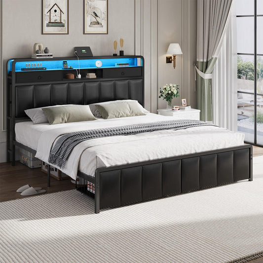 Brinlawb King Bed Frame with Drawers & Storage Headboard, Bed Frame King Size with Charging Station & LED Light, Upholstered Platform Bed, Metal Frame Support, No Box Spring Needed, Noise Free, Black