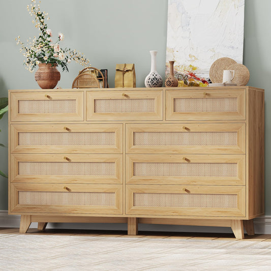 AOGLLATI Rattan Dresser for Bedroom with 9 Drawer, Modern Wooden Long Bedroom Dresser, Chest of Drawers with Metal Handle & Solid Wood Legs for Bedroom/Living Room, Wood