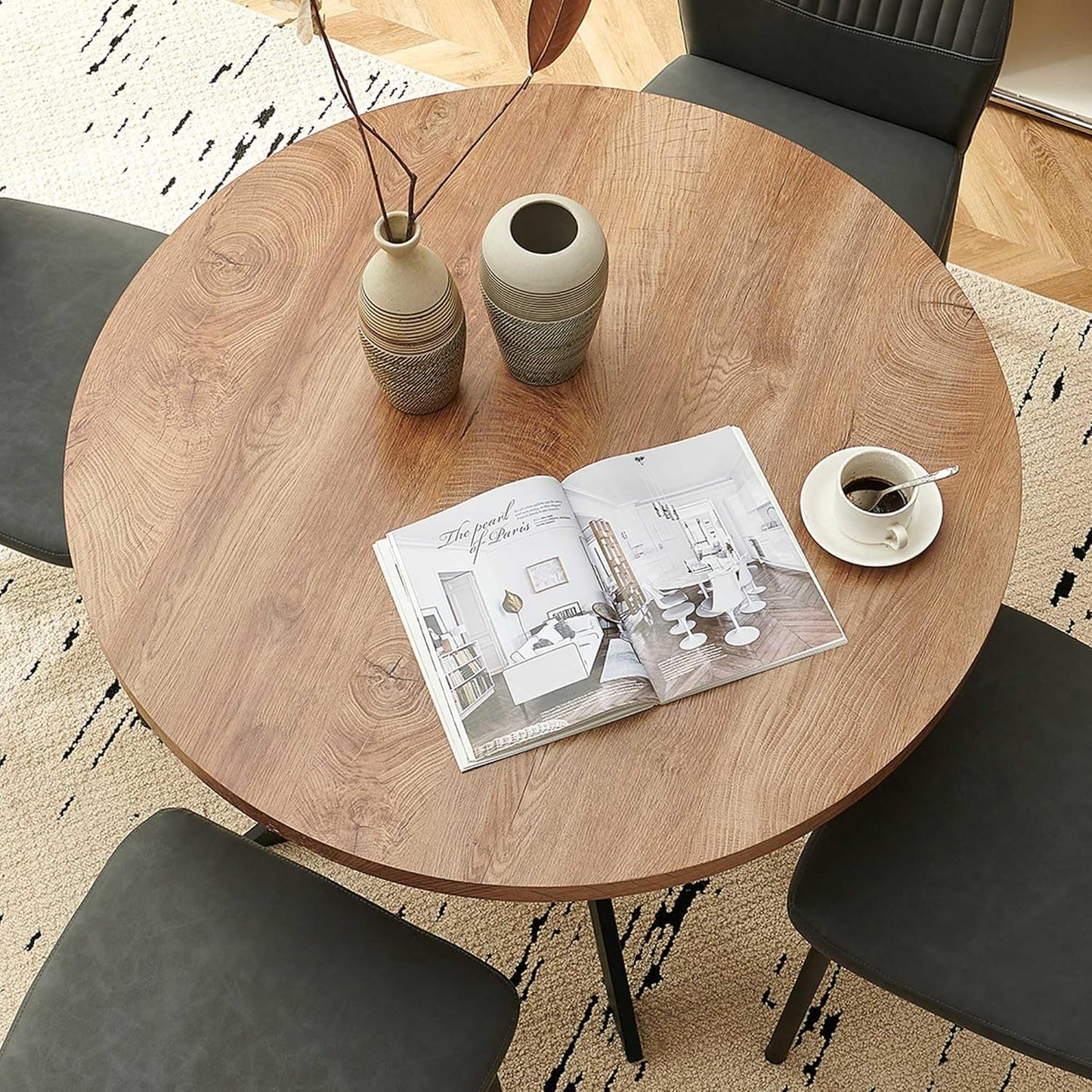 Pandolfini 37 Inch Round Dining Table Set for 4, Mid Century Modern Coffee Set for Dining Room Kitchen Apartment (Walnut Wood Color Table + 4 Dark Grey Chairs)