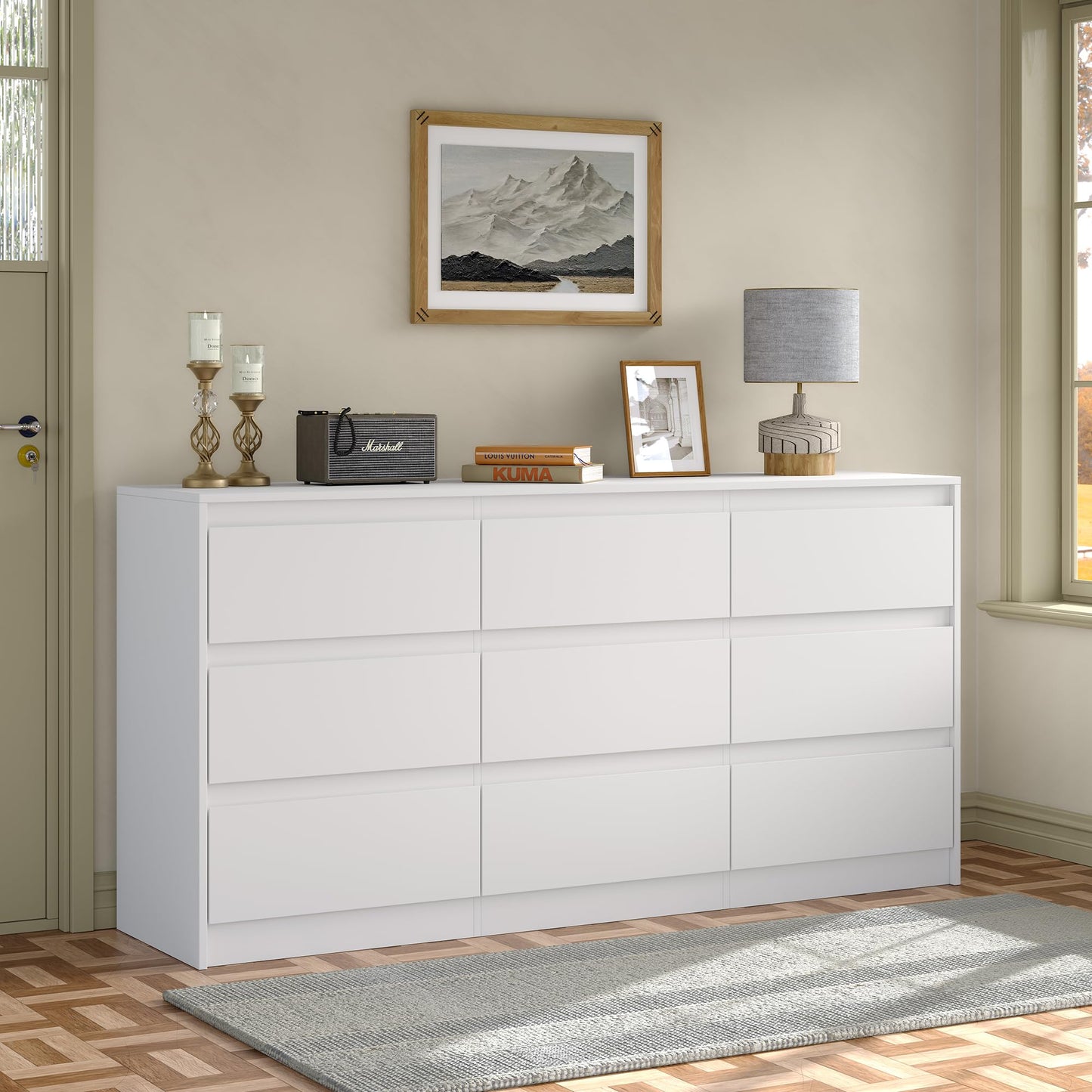 Furniouse Modern 9 Large Storage Drawers Dresser for Clothes Organizer, White Modern Chest of Drawers for Closet,63" Long Drawer Organizer Cabinet for Bedroom,Living Room,Entryway,Hallway