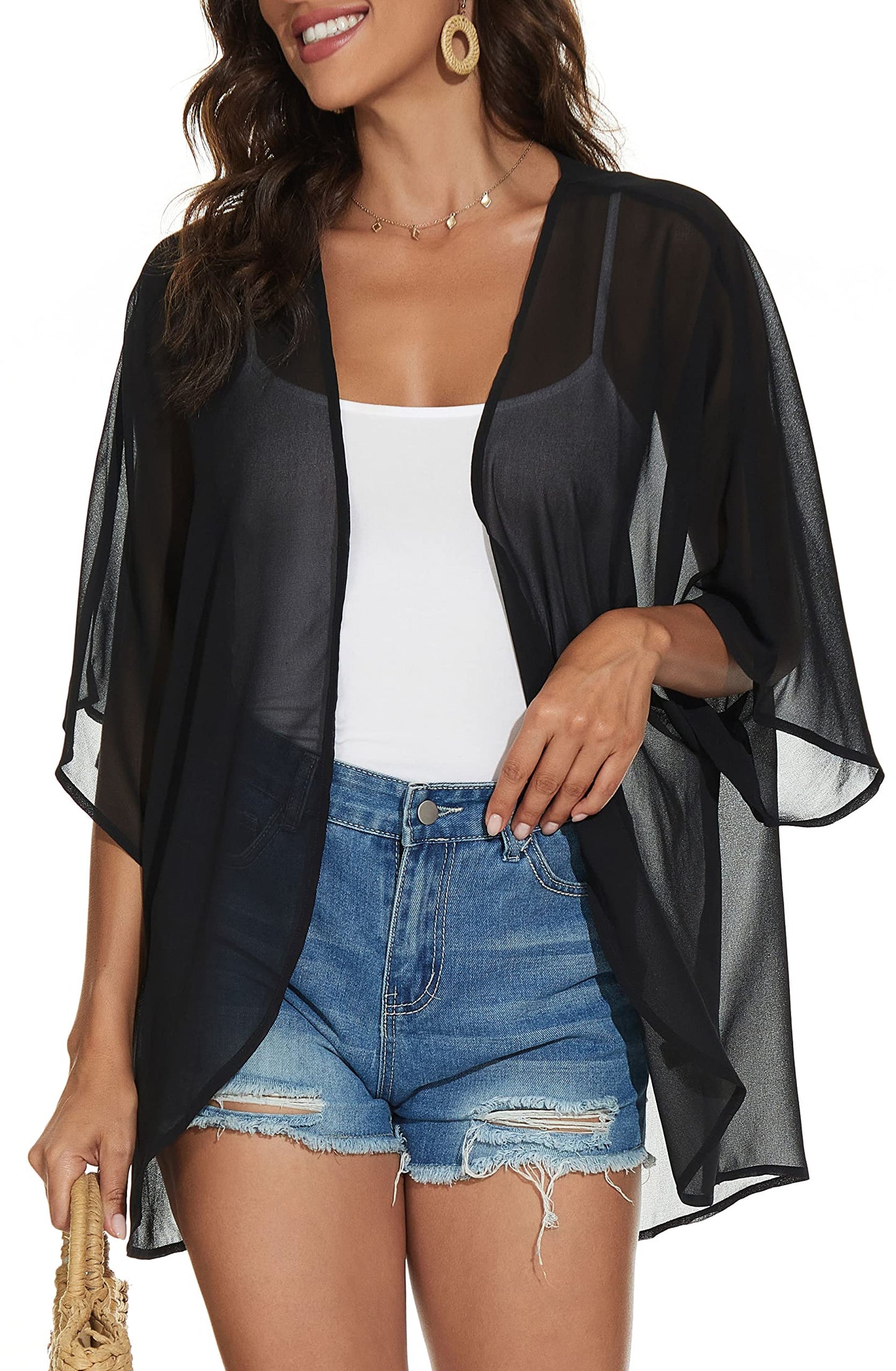 Women Summer Tops Kimono Cardigans Sheer Beach Cover Ups Chiffon Open Front Shirts （Black,S