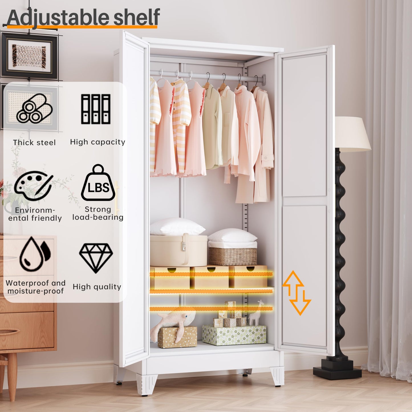RIETERN Metal Armoire Wardrobe Closet, 71" Tall Bedroom Closet with Mirror, Adjustable Shelves, and Hanging Rod, Steel Clothes Closets and Storage, for Bedroom White