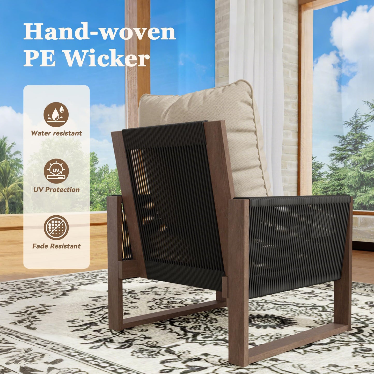 Audumas Patio Chairs 3 Piece Wood Patio Furniture with Coffee Table & Cushions, PE Wicker Outdoor Conversation Set Balcony Chairs for Garden, Porch, Deck, Backyard