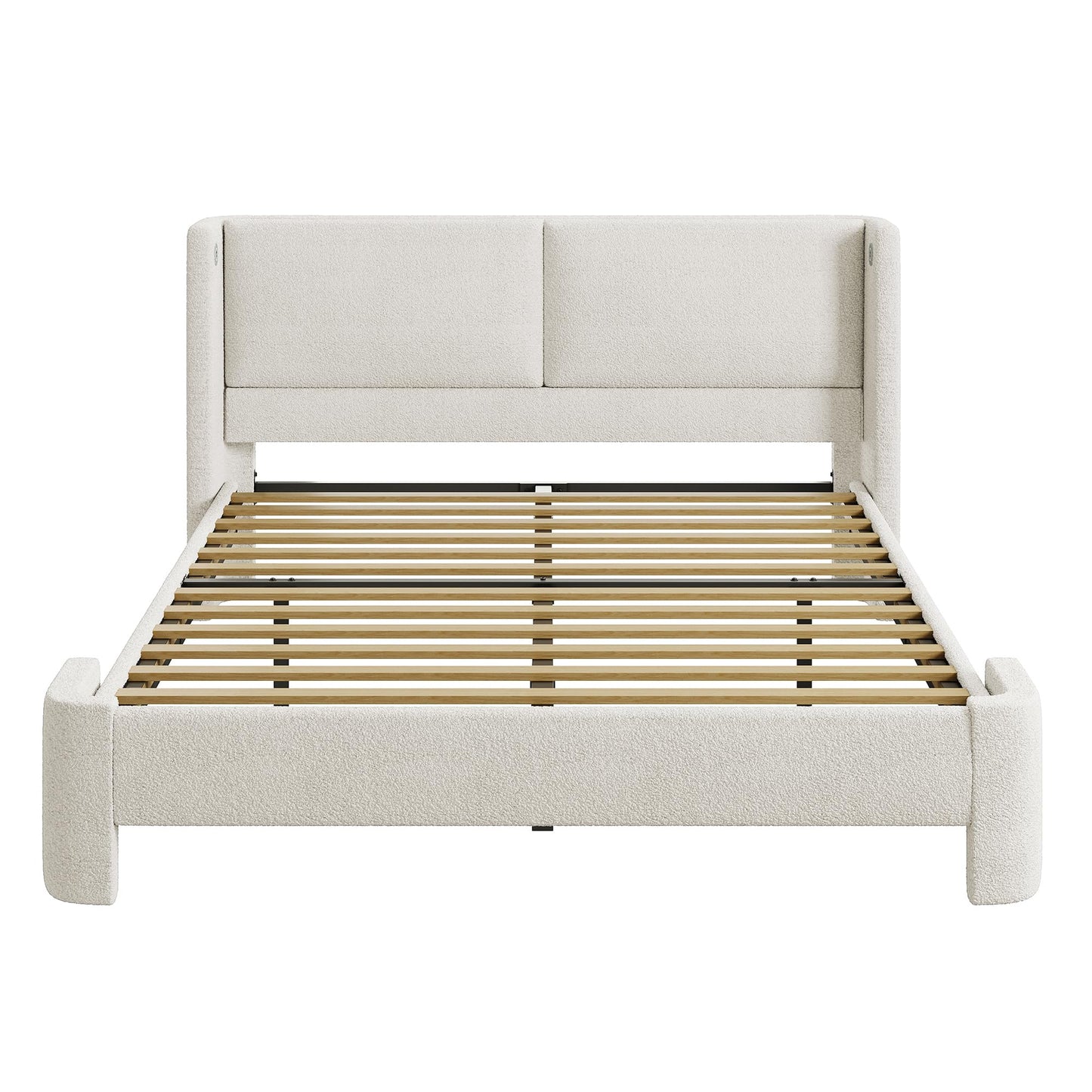 LIKIMIO Queen Bed Frame with Headboard, Upholstered Bed Frames with USB Ports, Base Cama Bed Frame No Box Spring Needed, Cream White