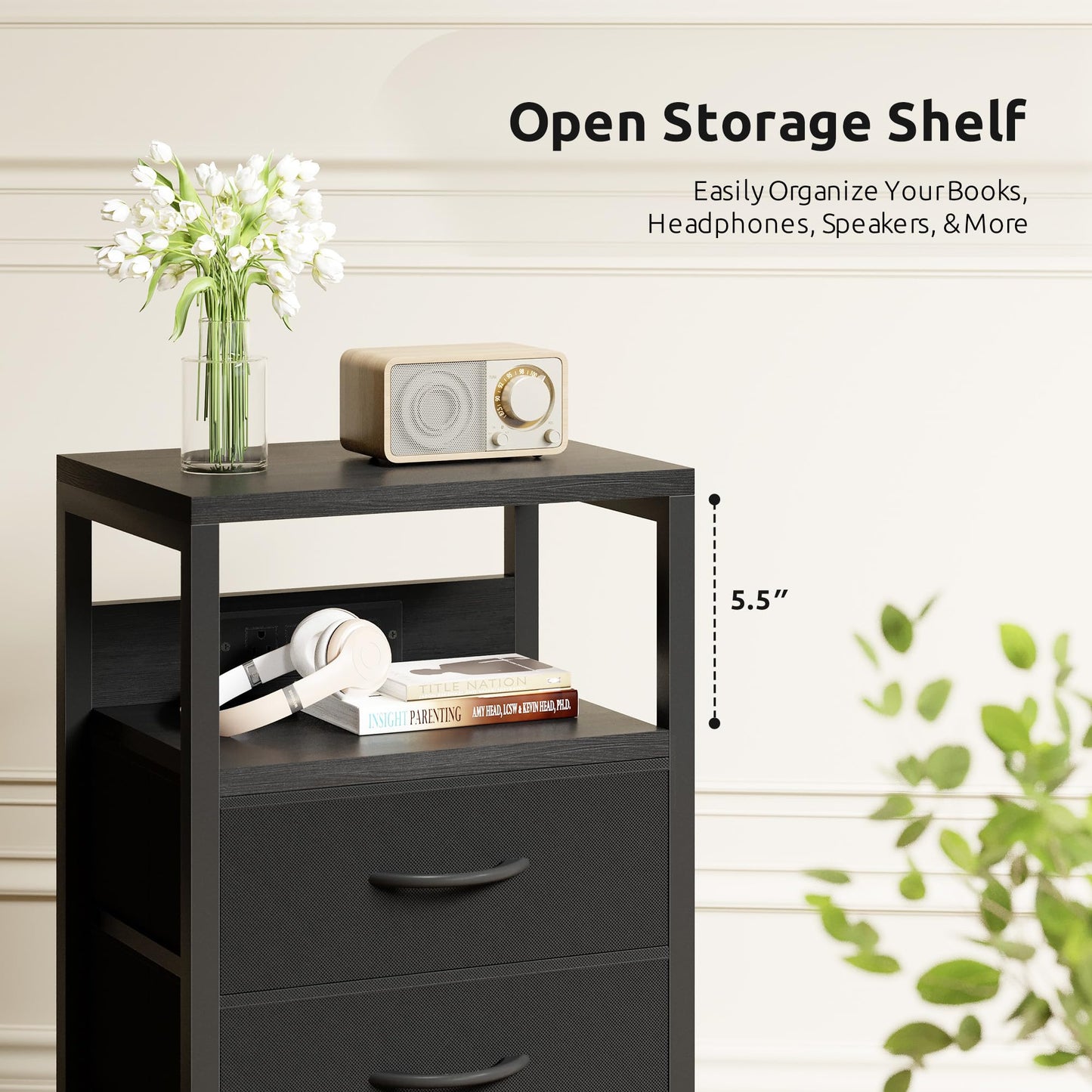 NightStand Bedside Charging Table Bedroom - Night Stand with Charger Station, Modern Nightstand with Open Shelf & 2 Fabric Drawers, Bed Side Table with USB-C USB Ports & AC Outlets for Dorm, Black