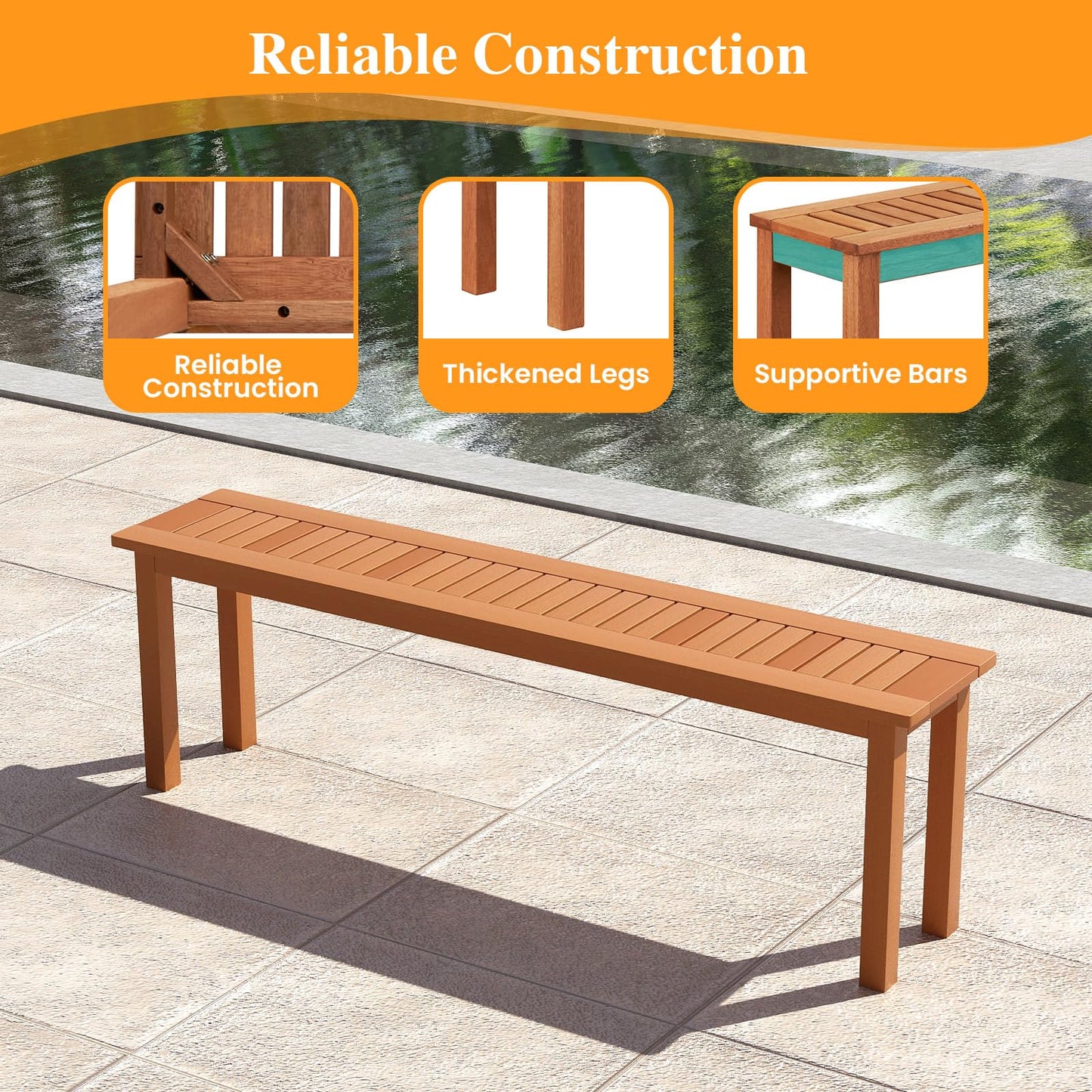 Tangkula Outdoor Wood Bench, 59” Long Patio Dining Bench Set of 2, Backless Wooden Bench with Teak Oil Finish & Slat Seat, Accent Entryway Bench, Farmhouse Bench for Yard, Garden, Porch, Indoors