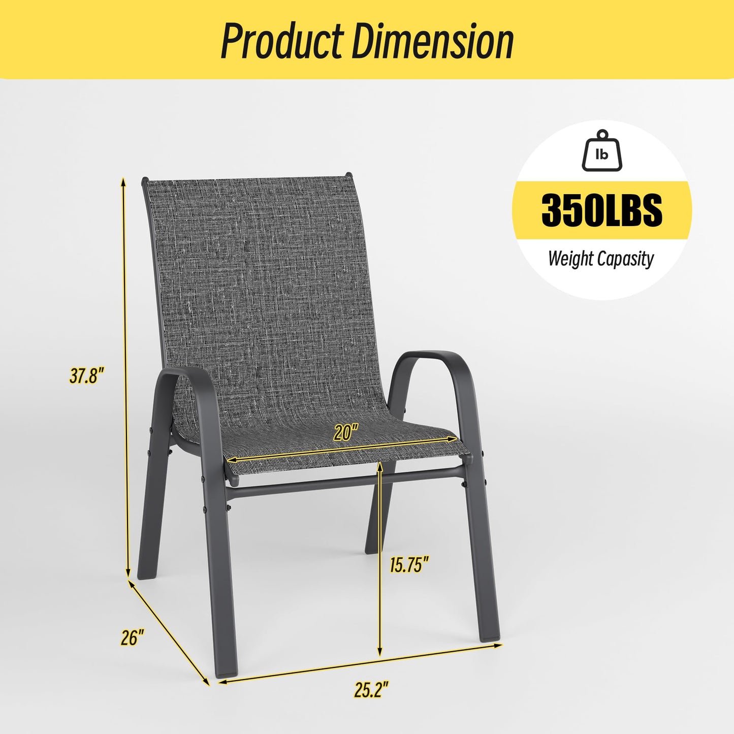 Betterhood Patio Chairs Set of 4, Stackable Outdoor Dining Chairs Set with Breathable Seat Fabric, All-Weather Powder-Coated Metal Frame for Deck, Pool Side and Backyard, 350LBS Capacity (Grey)