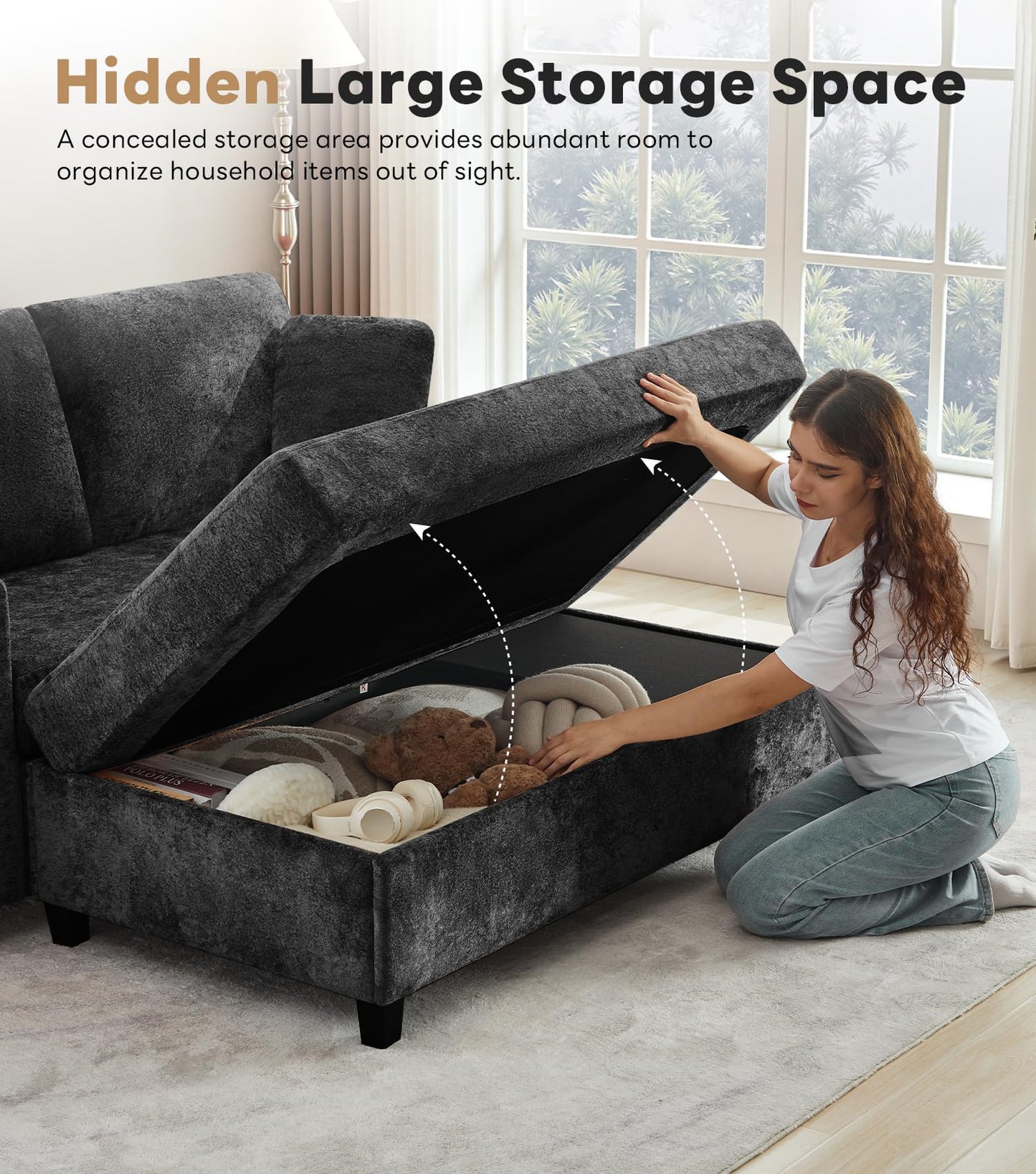 Tbfit 59.4'' Oversized Chaise Lounge Chair Indoor, Upholstered Loveseat Sofa with Storage Ottoman, Pillows & Armrests, Chenille Sleeper Chair, Comfy Couches for Living Room, Bedroom, Apartment, Black