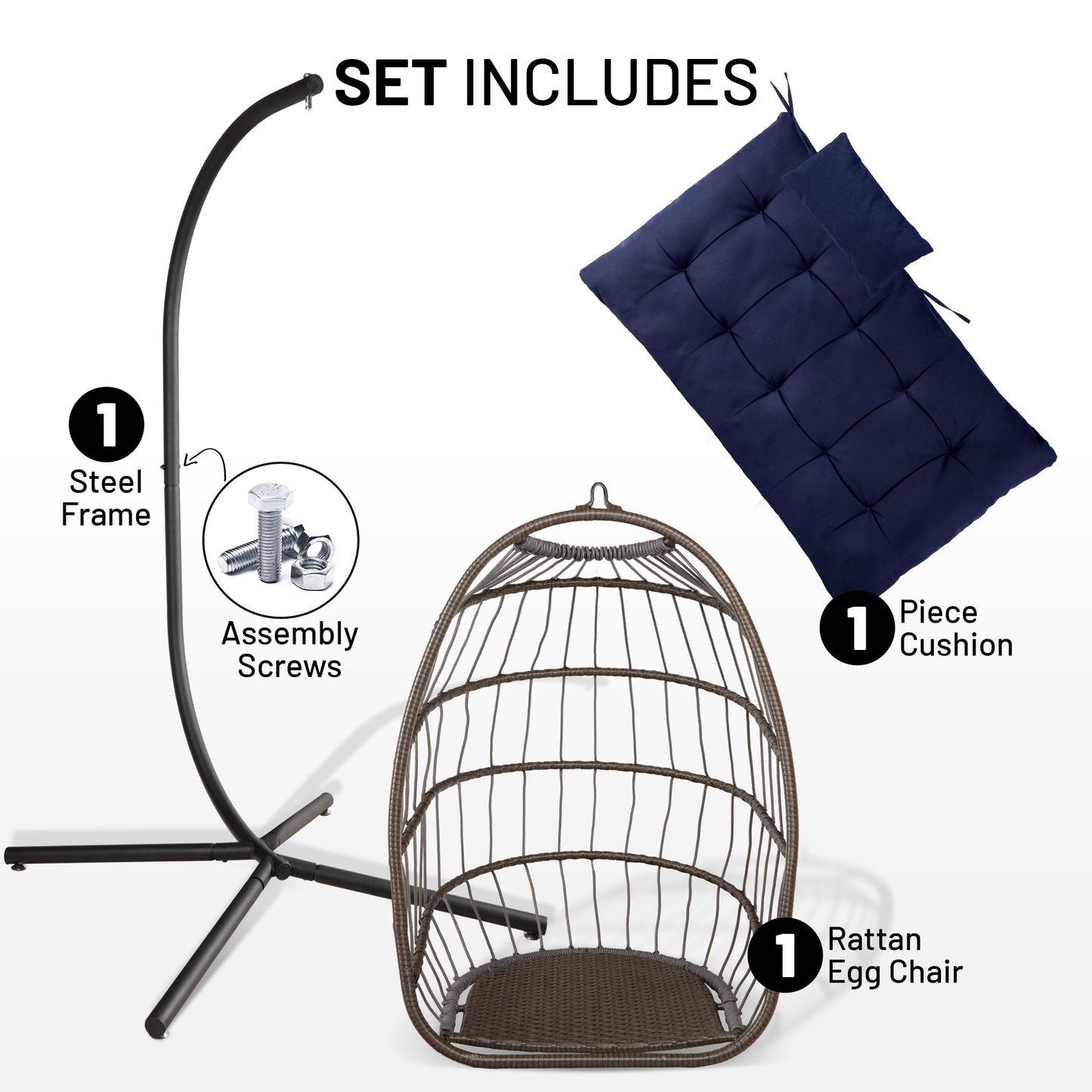 SereneLife Foldable Rattan Wicker Egg Chair Hanging Swing with Stand Waterproof Cushion and Headrest for Indoor Living Room Bedroom Patio Porch Balcony Garden Outdoor Use Deep Blue 350 lb Capacity