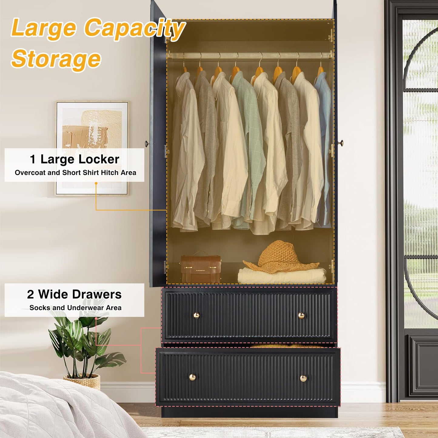 ORRD Black Freestanding Armoire Wardrobe Closet with 2 Doors and 2 Storage Drawers, Large Capacity Wardrobe Cabinet, Wooden Closet for Bedroom