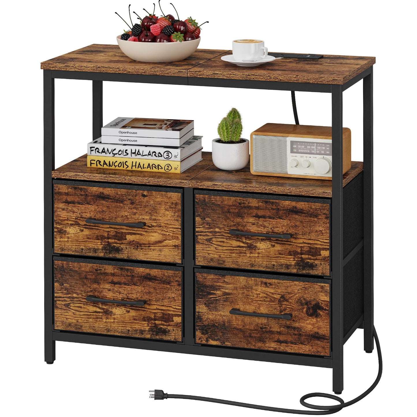 TUTOTAK Large Night Stand with Charging Station, Nightstand with USB and Type-C Port, Bedside Table with Cloth Drawers, End Table for Livingroom, Bedroom, Brown TB01BB081