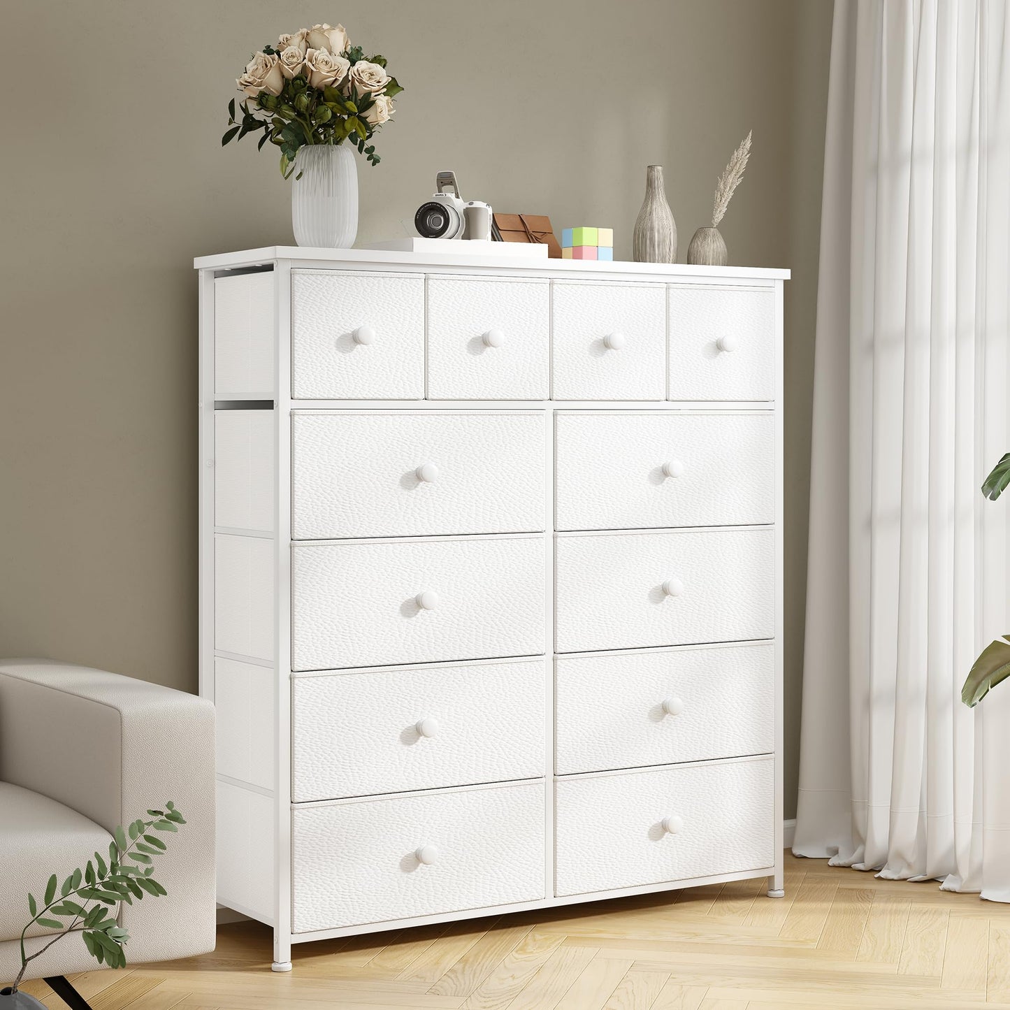 Dresser for Bedroom with 12 Drawers Tall Dressers for Bedroom Fabric Dressers & Chest of Drawers with Sturdy Metal Frame, Wood Top, for Girls, Closet, 40.6" W x 11.8" D x 44.5" H (White)