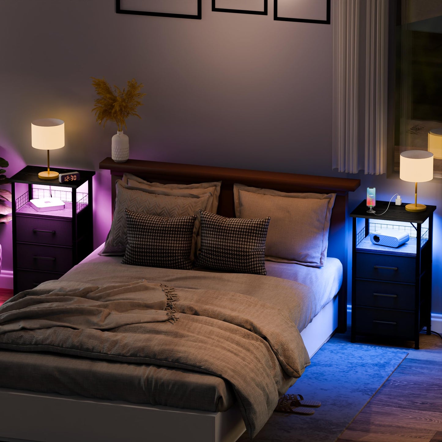 LAKEMID Night Stand Set 2 with Charging Station, End Table Set of 2 with 20 Colors LED Light Strip, 3 Fabric Drawers, Bedside Table with USB Ports and Outlets for Bedroom (Black)