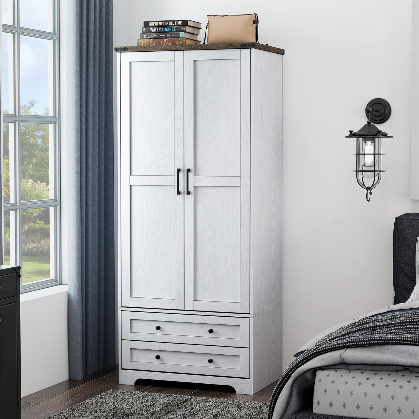 Yechen 71" Wooden Armoire Wardrobe Closet - Modern Functional Clothes Tall Storage Cabinet with Adjustable Shelf and Hanging Rail, Sturdy Freestanding Closet Wardrobe with 2 Wide Drawers for Bedroom