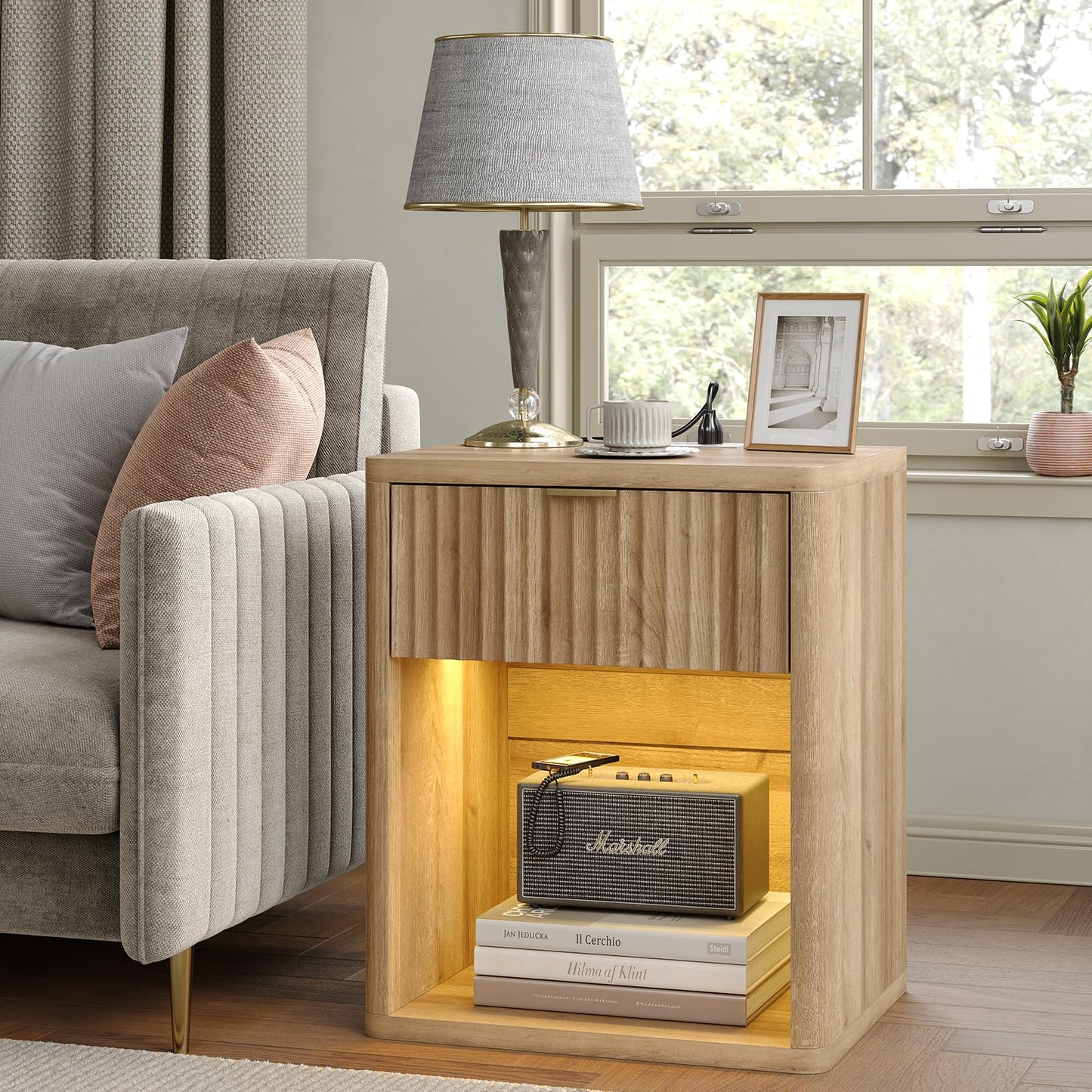 Night Stand Nightstand with Drawer Storage Bed Side Table End Table Large Modern Wood Wide Bedside Stand Mid Century Night Stands for Bedroom Living Room Sofa Couch Home Office, Oak