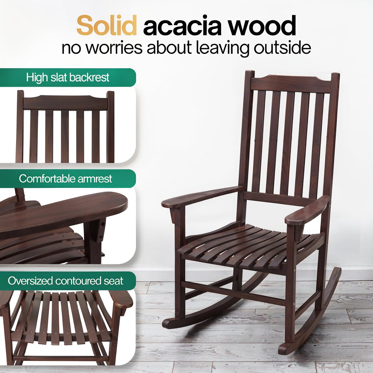 Tranquillo Oasis Wooden Rocking Chair for Patio, Porch, or Indoor Use – Classic Acacia Wood Rocker with Sturdy Frame, Comfortable Slatted Seat, Smooth Rocking Motion – Farmhouse Outdoor Chair