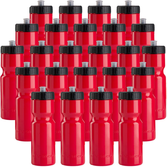 50 Strong Bulk Water Bottles | 24 Pack Sports Bottle | 22 oz. BPA-Free Easy Open with Pull Top Cap | Made in USA | Reusable Plastic Water Bottles for Adults & Kids | Top Rack Dishwasher Safe