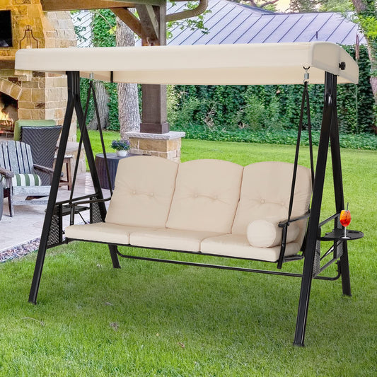 AECOJOY Outdoor Porch Swing, 3-Seat Porch Swing with Adjustable Canopy, Outdoor Swings for Adult with Beige Removable Cushions for Backyard, Garden, Yard, Poolside, Balcony